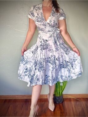 Wrapper White & Blue Floral Wrap Midi Swing Dress with Tie Belt & Side Zipper